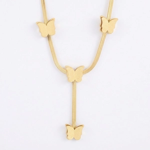 Elegant gold butterfly Y-necklace featuring a sleek snake chain with four matte pendants