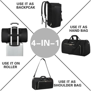 Detailed view of 4-in-1 convertible travel garment bag shown as backpack and handbag