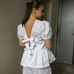 Femmes Blouse Haut Dos Nu Nœud Papillon Manches Bouffantes Ourlet Volanté Couleur Unie Polyester