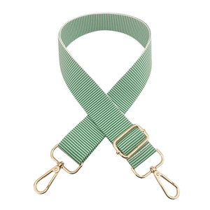 Adjustable green and white striped bag strap with gold metal hardware and lobster clasps