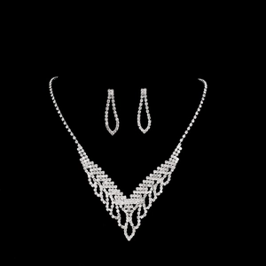 Elegant silver V-shaped rhinestone necklace and teardrop earrings bridal jewelry set