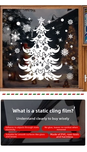 Detail of white Christmas tree static window stickers with snowflakes and gift box designs