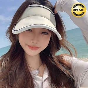Close-up of beige sun visor with UPF50+ protection and stylish black trim for women
