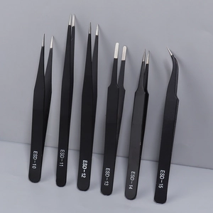 Professional 6-piece anti-static black stainless steel precision tweezers set for DIY crafts