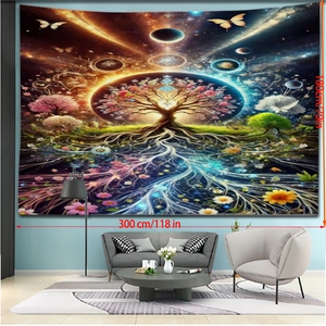 Detail of a large 300x180cm psychedelic mandala wall tapestry featuring the Tree of Life