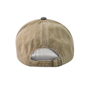 Detail view of cotton baseball cap with adjustable metal buckle and washed vintage fabric