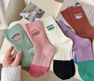 Flat lay of cotton crew socks in vibrant colors with HAMPIONS letter embroidery detailing