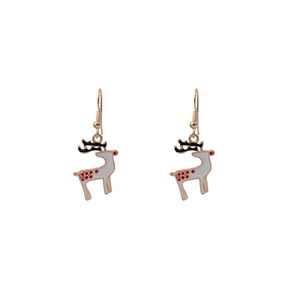 Close-up of golden reindeer drop earrings with festive white, red and black enamel detail