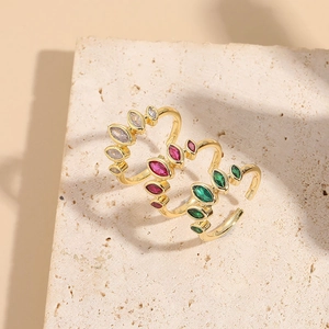 Three-piece adjustable 14K gold plated ring set with colorful marquise-cut cubic zirconia