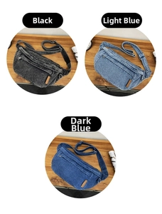 Denim crossbody bags in black, light blue, and dark blue with adjustable straps