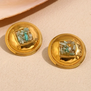 Boucles D'oreilles Puces Acier Inoxydable Plaqué Or 18K Géométrique Rond Pierre Naturelle Éclats Vintage Élégant Femme