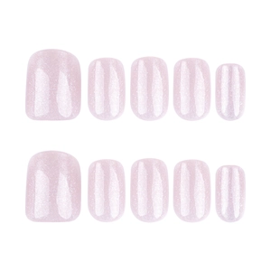 Sparkling nude pink cat eye press-on nails in short square shape with shimmering finish