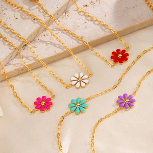 Colorful enamel daisy flower pendants on gold stainless steel chains for women
