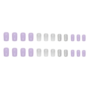 Short square press-on nails in lavender purple and silver glitter gradient styles