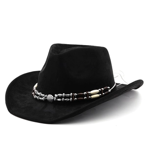 Classic black bohemian cowboy hat with ethnic beads and vintage metal buckle detail