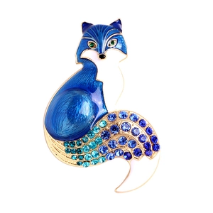 Exquisite fox brooch with blue enamel and gradient crystals on a silver alloy base