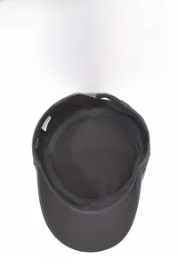 Detail of breathable inner lining and adjustable metal buckle on dark gray cadet hat