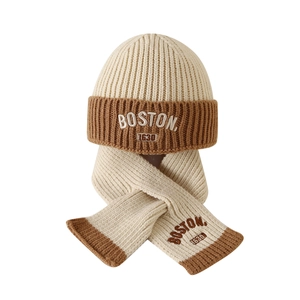 Winter knitted hat and scarf set with Boston embroidery in cream and brown for kids