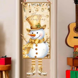 Golden snowman Christmas door banner with Merry Christmas script for festive decor
