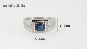 Close-up of brushed steel men's ring with a 6.4mm round blue gemstone and dimensions