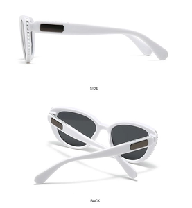 Detail view of white cat-eye sunglasses with rhinestone inlay from side and back angles