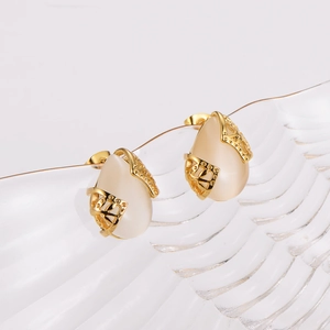 Elegant gold-plated stainless steel earrings with white opal cat eye stones on glass