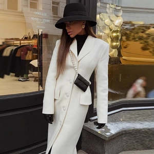 Elegant white long sleeve slim fit wool coat with shawl collar and single-breasted buttons
