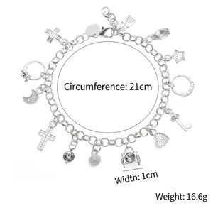 Silver charm bracelet with 13 icons like cross and moon, 21cm long, weighs 16.6g