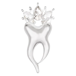 Creative silver tooth brooch with teardrop crystals on white background