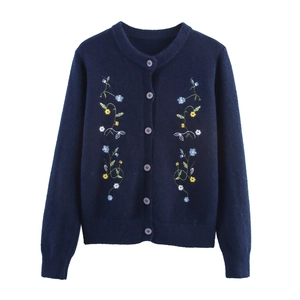 Women Knitted Cardigan Floral Embroidery Round Neck Long Sleeve Single Breasted Soft Knit Sweater Elegant Casual Outerwear
