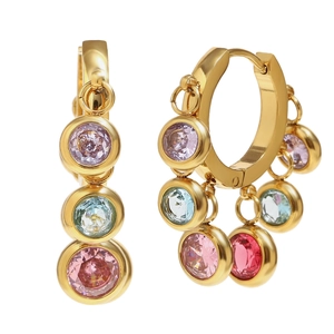 18K gold plated stainless steel huggie earrings with colorful round zircon charms