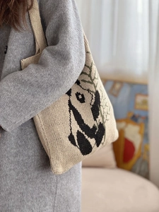 Knitted Polyester Tote Bag Women Kawaii Cartoon Panda Pattern Literary Woven Shoulder Handbag Retro Large Capacity Casual