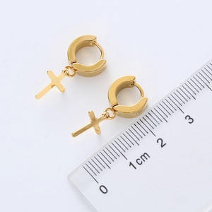 Golden stainless steel cross pendant hoop earrings with ruler for size reference