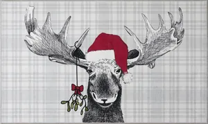Detail of Christmas doormat showing reindeer with Santa hat on plaid pattern background