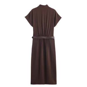 Short sleeve dark brown midi dress with snakeskin belt back view on white background