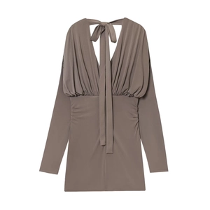 Women Deep V Neck Long Sleeve Mini Dress Ruched Bodycon Backless Tie Back Solid Color Socialite Style Elegant