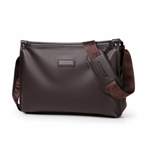 Dark brown leather shoulder bag with lychee texture and adjustable strap for men