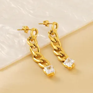 Long Cuban chain earrings with gold plating and a square zircon pendant for women