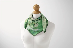 Detail of Van Gogh Wheat Field painting pattern on premium green silk square scarf