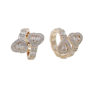Rose gold heart-shaped earrings with pave-set diamonds and T-square baguette zircon