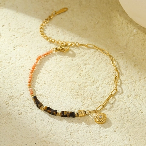 Handmade beaded adjustable stainless steel bracelet with square zircon and sun pendant
