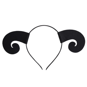 Detail view of black curved devil horns headband for Halloween cosplay on white background