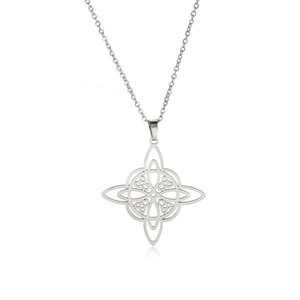 Polished stainless steel necklace featuring a hollow Celtic witch knot double pendant