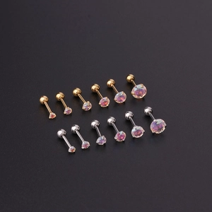 Set of 12 gold and silver stainless steel cartilage studs with rainbow zircons