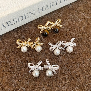 Bowknot Artificial Pearl Stud Earrings With Silver Earring Post Zircon Inlaid Elegant Retro Vintage Style For Women Accessory