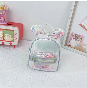 Detail of glitter rabbit ears and transparent sequin pocket on silver kids backpack