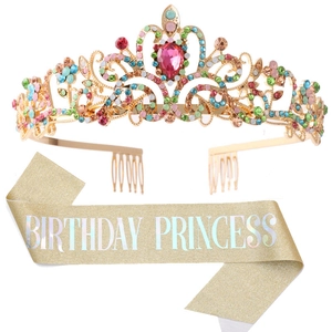 Birthday Princess set with colorful rhinestone tiara and golden glitter sash for girls