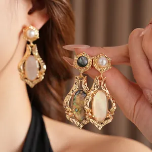Vintage oval shell pendant earrings in gold finish with pearls for elegant style