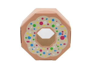 Detail of pink octagonal gift box with donut-shaped window for sweets and cookies