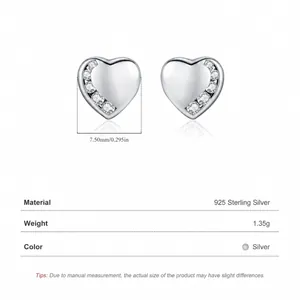 S925 Sterling Silver Heart Stud Earrings with side pavé zircons and polished finish